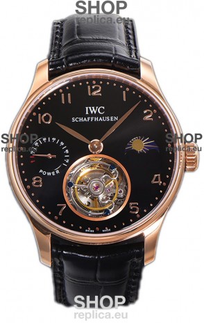 IWC Portugese Hand-Wound Genuine Tourbillon Black Dial Rose Gold Casing Swiss Replica Watch 