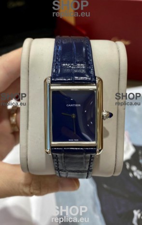 Must De Cartier Tank Edition Watch in 904L Stainless Steel Casing Dark Blue Dial