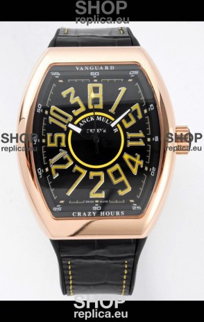 Franck Muller Vanguard Crazy Hours in Rose Gold Plating - Black Dial Swiss Replica Watch 