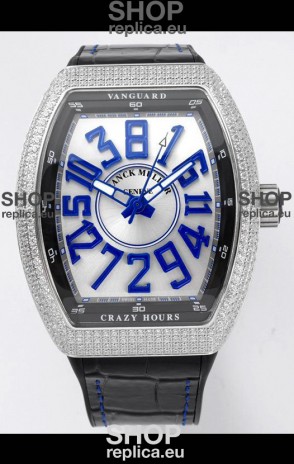 Franck Muller Vanguard Crazy Hours in Stainless Steel Diamonds - White Dial Swiss Replica Watch 