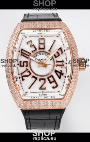 Franck Muller Vanguard Crazy Hours Rose Gold Diamonds - White Dial Swiss Replica Watch 