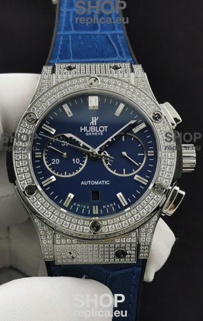 Hublot Classic Fusion Chronograph Steel Diamonds Casing Blue Dial 1:1 Mirror Replica Watch 