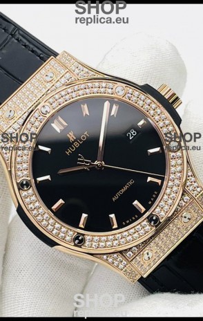 Hublot Classic Fusion Diamonds Rose Gold Black Dial Swiss Replica Watch 1:1 Mirror Quality 