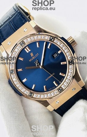 Hublot Classic Fusion Rose Gold Steel Blue Dial Swiss Replica Watch 1:1 Mirror Quality 