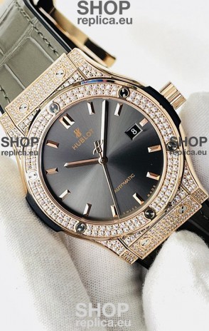 Hublot Classic Fusion Diamonds Rose Gold Grey Dial Swiss Replica Watch 1:1 Mirror Quality 