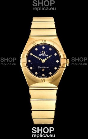 Omega Constellation Ladies Swiss Quartz 1:1 Mirror Replica - Yellow Gold Casing in Black Starry Dial 