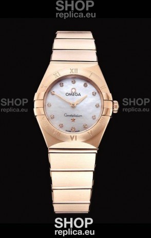 Omega Constellation Ladies Swiss Quartz 1:1 Mirror Replica - Rose Gold Casing White Pearl Dial