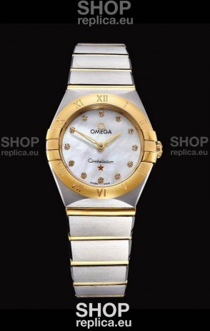 Omega Constellation Ladies Swiss Quartz 1:1 Mirror Replica - Two Tone Casing in White Pearl Dial