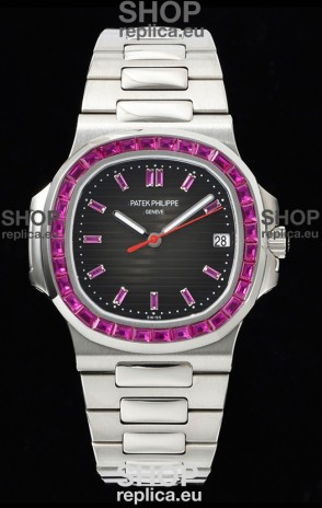 Patek Philippe Nautilus 5711 Black Dial 1:1 Mirror Replica in 904L Steel with Rubies Bezel