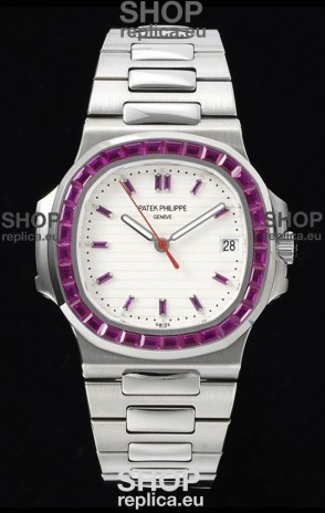 Patek Philippe Nautilus 5711 White Dial 1:1 Mirror Replica in 904L Steel with Rubies Bezel