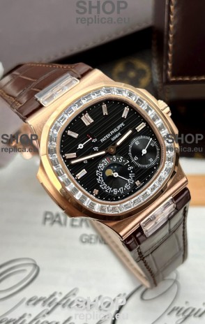 Patek Philippe Nautilus 5712R 1:1 Quality Swiss Replica Watch in Black Dial Brown Strap
