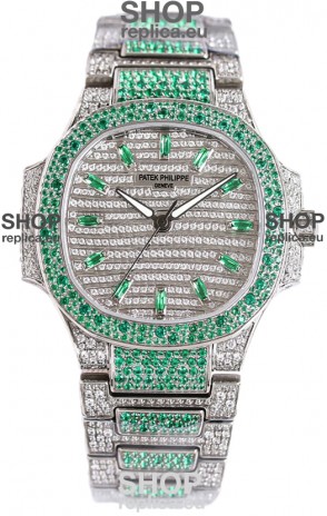 Patek Philippe Nautilus 7118R 35MM 1:1 Green Diamonds Paved Watch in Steel Casing 