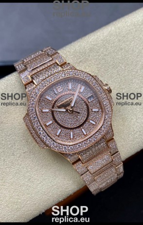 Patek Philippe Nautilus 7010 Diamonds Paved Rose Gold 32MM 1:1 Mirror Replica - Genuine Diamonds