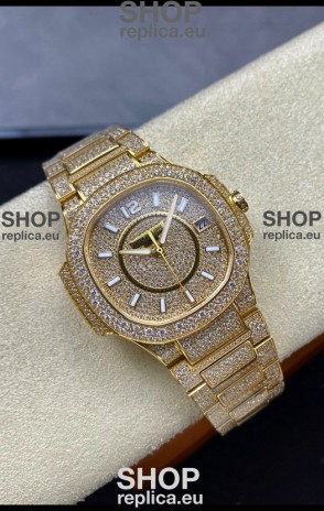 Patek Philippe Nautilus 7010 Diamonds Paved Yellow Gold 32MM 1:1 Mirror Replica - Genuine Diamonds