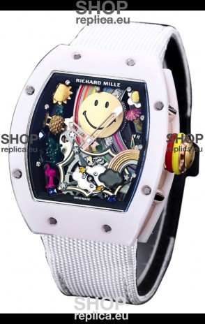 Richard Mille RM088 Smiley Tourbillon White Ceramic Casing Nylon Strap Replica Watch 