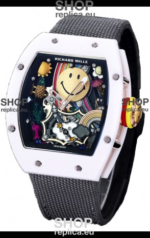 Richard Mille RM088 Smiley Tourbillon White Ceramic Casing Grey Nylon Strap Replica Watch 