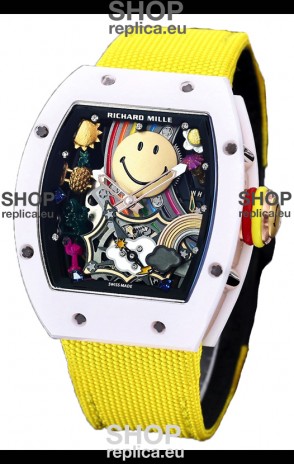 Richard Mille RM088 Smiley Tourbillon White Ceramic Casing Yellow Nylon Strap Replica Watch 