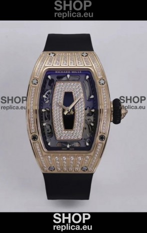 Richard Mille Super Clone RM07-01 Diamonds Paved 904L Rose Gold Casing Automatic Replica Watch