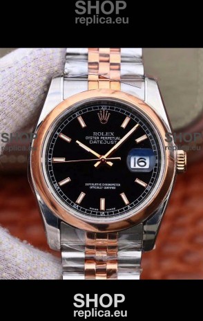 Rolex Datejust 36MM Cal.3135 Movement Swiss Replica Watch in 904L Steel Two Tone Casing Black Dial
