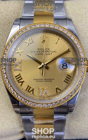 Rolex Datejust 36MM Cal.3135 Movement Swiss Replica Watch in 904L Steel Two Tone Casing Gold Dial