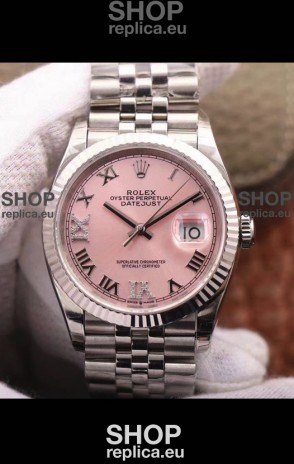 Rolex Datejust 36MM Cal.3135 Movement Swiss Replica Watch in 904L Steel Pink Dial 