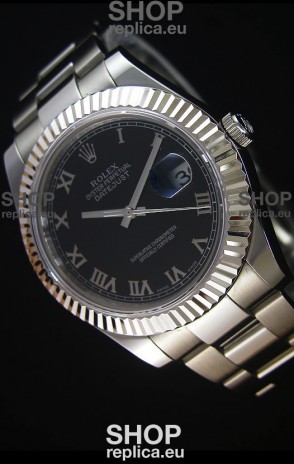 Rolex Datejust Japanese Replica Watch - Black Dial Roman Markers in 41MM with Oyster Strap