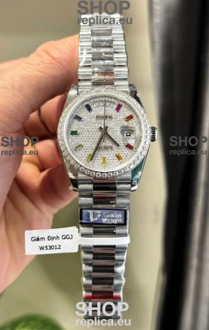Rolex Day Date Super Clone White Gold Plated Custom Modified Diamonds Paved Watch 