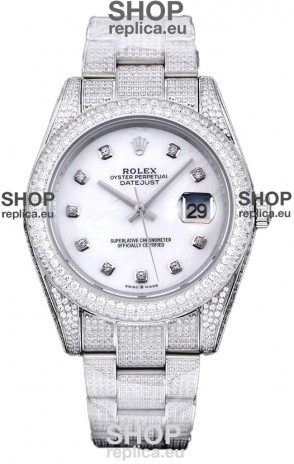 Rolex Datejust 41MM Swiss Replica - Iced Out Edition in White Pearl Dial
