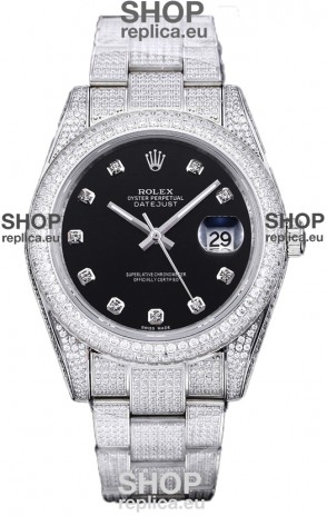 Rolex Datejust 41MM Swiss Replica - Iced Out Edition in Black Dial 