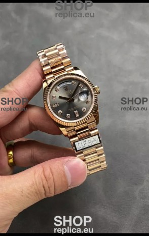 Rolex Day Date Super Clone Rose Gold Grey Dial Diamonds Numerals Watch 36MM - 1:1 Mirror Quality