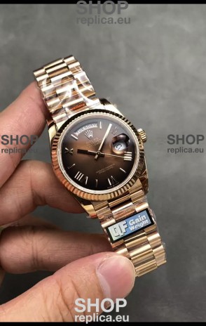 Rolex Day Date Super Clone Rose Gold Brown Dial Roman Numerals Watch 36MM - 1:1 Mirror Quality