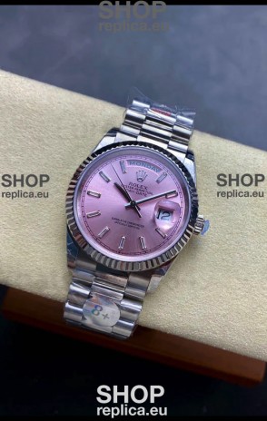 Rolex Day Date Super Clone Stainless Steel Pink Sunburst Dial Crystal Numerals Watch 36MM - 1:1 Mirror Quality