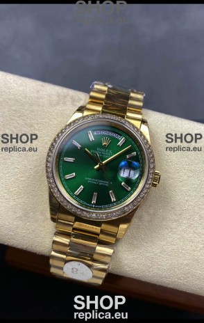Rolex Day Date Super Clone Yellow Gold Green Dial Crystal Numerals Watch 36MM - 1:1 Mirror Quality