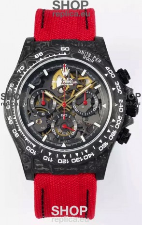 Rolex Daytona Super Clone DiW Skeleton Carbon Edition Watch - Forged Carbon Casing Red Strap 1:1 Mirror Replica