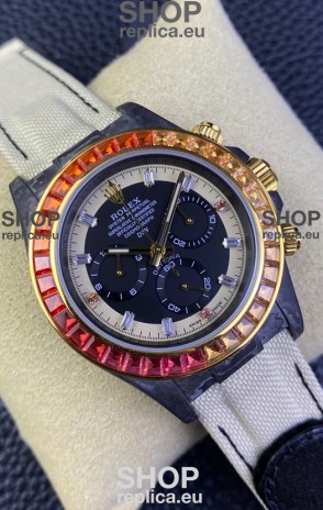 Rolex Daytona DiW Carbon Edition Rainbow Bezel - Forged Carbon Casing Beige Strap 1:1 Mirror Replica