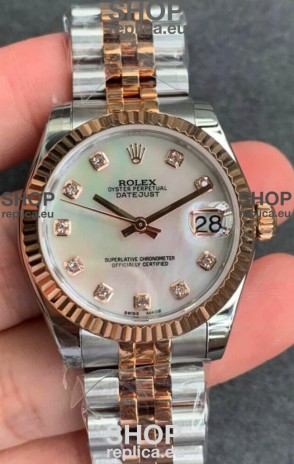 Rolex Datejust 31MM ETA-2671 Movement Swiss Replica in 904L Two Tone Rose Gold in Pearl Dial