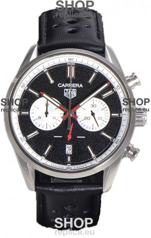 Tag Heuer Carrera Chronograph 43 Swiss Quartz Replica Watch Black Dial Leather Strap 