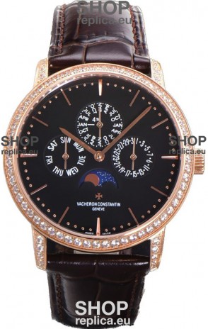 Vacheron Constantin Patrimony Perpetual Calendar Ultra-Thin Rose Gold Black Dial Swiss Replica