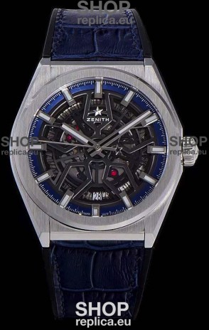 Zenith Defy Classic Skeleton 41 mm Titanium Men's Swiss Replica Watch - Blue Leather Strap