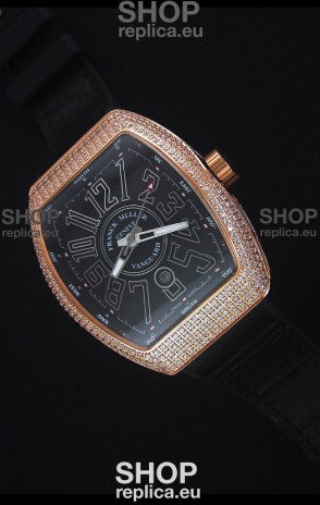 Franck Muller Vanguard Gold Swiss Replica Watch in Black Dial 
