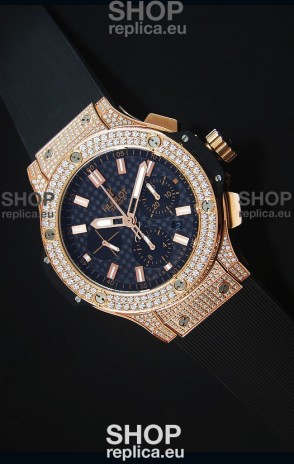 Hublot Big Bang Carbon Dial Diamonds Studded Rose Gold Swiss Watch 