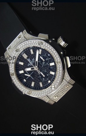Hublot Big Bang Carbon Dial Diamonds Studded Stainless Steel Swiss Watch 
