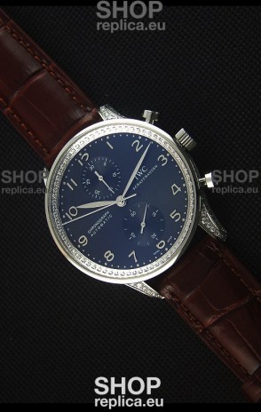 IWC Portuguese Chronograph Black Dial Brown Strap with Diamonds 1:1 Mirror Replica Watch