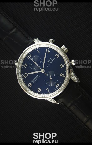 IWC Portuguese Chronograph Black Dial/Strap with Diamonds 1:1 Mirror Replica Watch