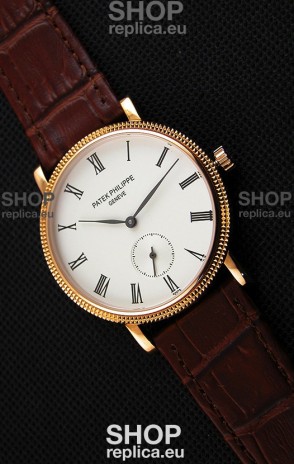 Patek Philippe Calatrava Japanese Mens Watch in Yellow Gold Case Brown Strap