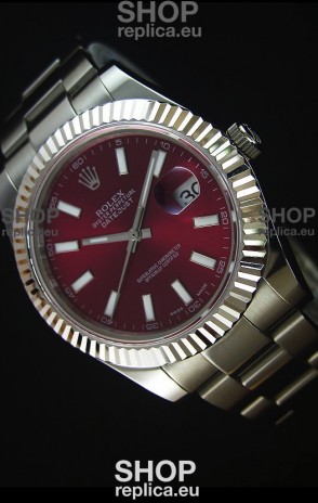Rolex Datejust II 41MM with Cal.3136 Movement Swiss Replica Watch in Deep Red Dial Stick Markers 