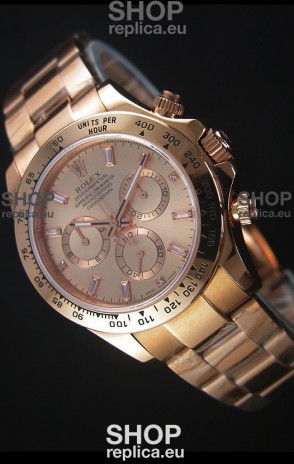 Rolex Daytona Rose Gold Casing with Baguette Diamonds Markers Swiss Replica Watch