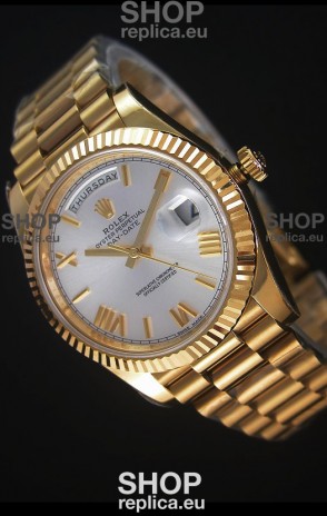 Rolex Day-Date 40MM Replica Watch in Silver dial with Roman Hour Numerals Cal.3255 Swiss Movement