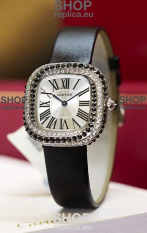 Coussin De Cartier Steel Watch Swiss Replica Watch Black Strap 