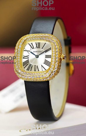 Coussin De Cartier Yellow Gold Swiss Replica Watch Black Strap 